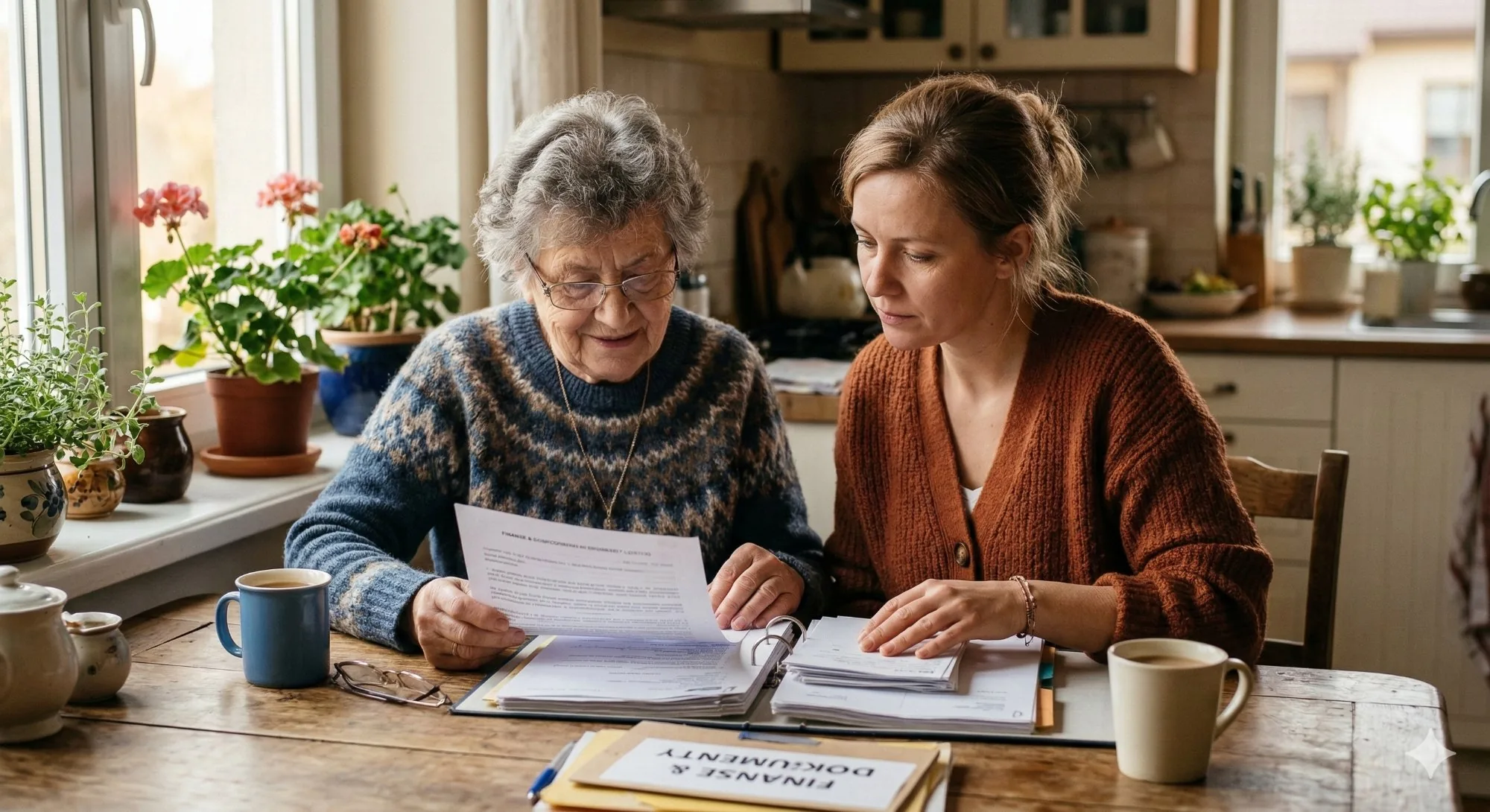 Córka pomaga mamie przejrzeć dokumenty dotyczące opieki